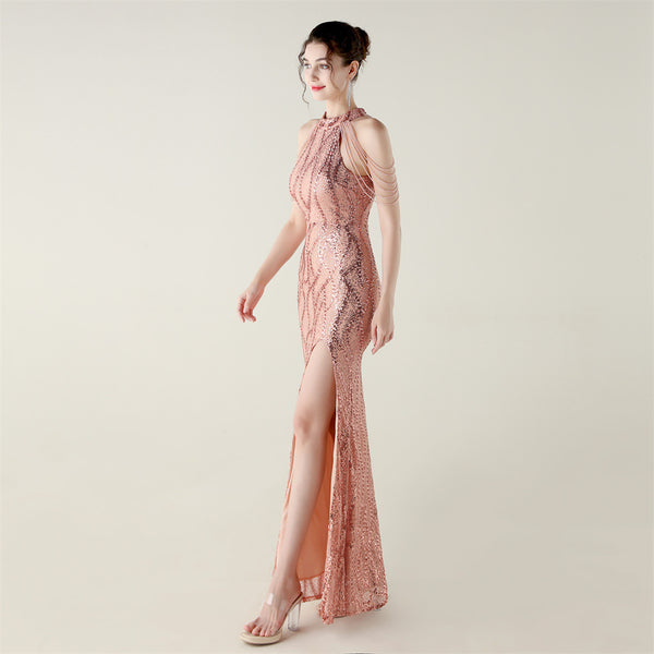 Off-the-Shoulder Halter Gown with All-Over Sequin & Beadwork