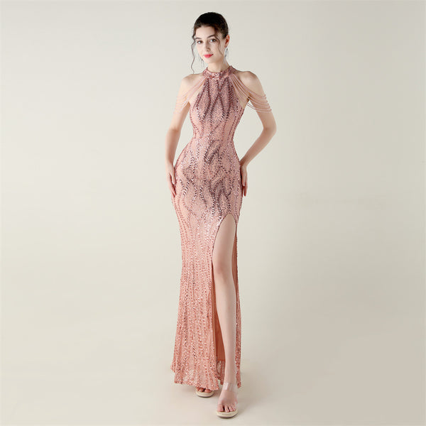 Off-the-Shoulder Halter Gown with All-Over Sequin & Beadwork