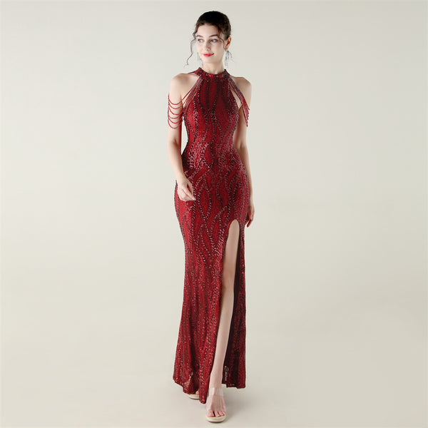 Off-the-Shoulder Halter Gown with All-Over Sequin & Beadwork