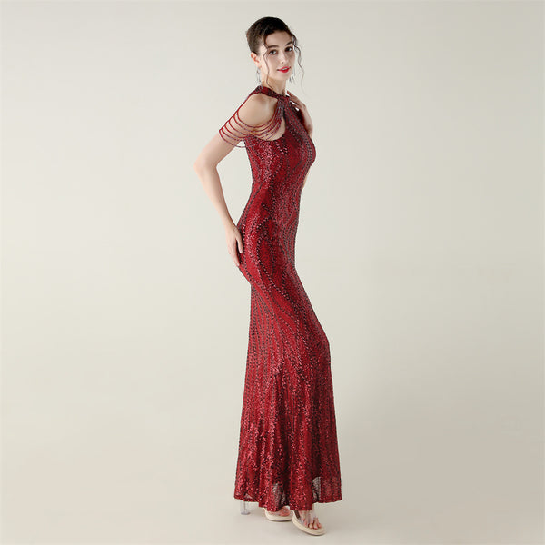 Off-the-Shoulder Halter Gown with All-Over Sequin & Beadwork