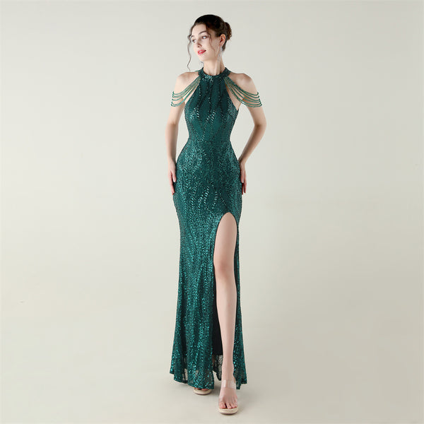 Off-the-Shoulder Halter Gown with All-Over Sequin & Beadwork