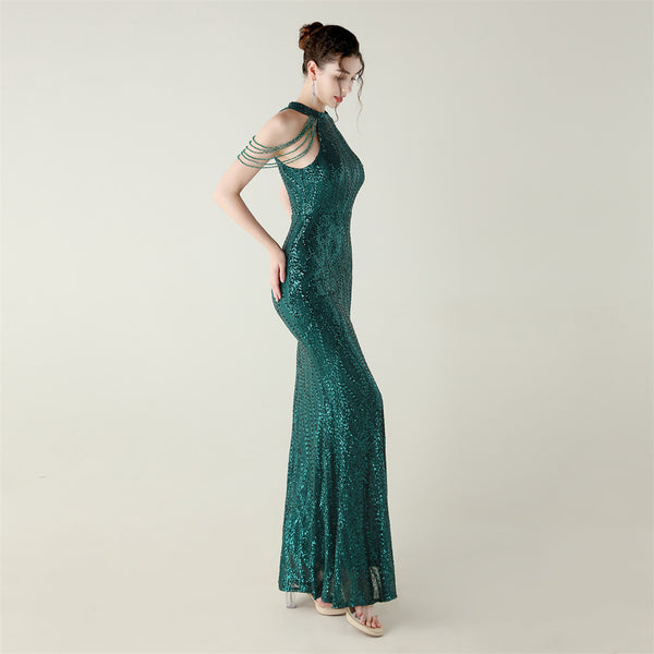 Off-the-Shoulder Halter Gown with All-Over Sequin & Beadwork