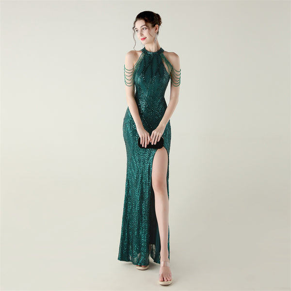 Off-the-Shoulder Halter Gown with All-Over Sequin & Beadwork