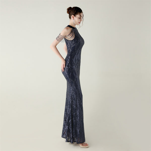 Off-the-Shoulder Halter Gown with All-Over Sequin & Beadwork