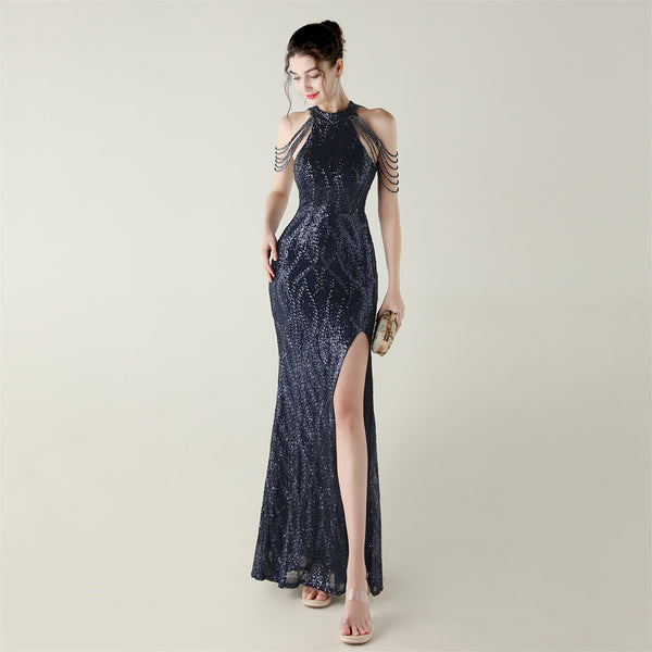 Off-the-Shoulder Halter Gown with All-Over Sequin & Beadwork