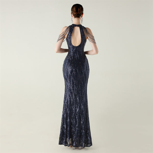 Off-the-Shoulder Halter Gown with All-Over Sequin & Beadwork