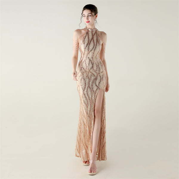 Off-the-Shoulder Halter Gown with All-Over Sequin & Beadwork