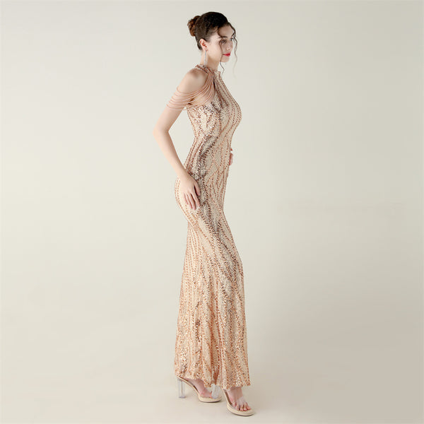 Off-the-Shoulder Halter Gown with All-Over Sequin & Beadwork