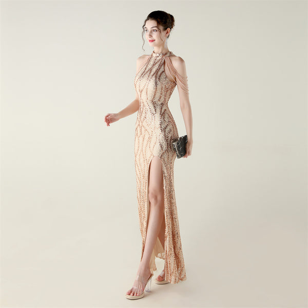 Off-the-Shoulder Halter Gown with All-Over Sequin & Beadwork