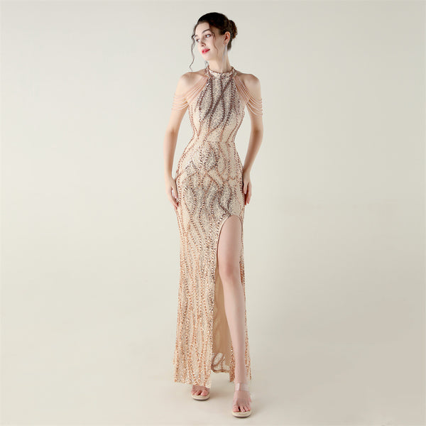 Off-the-Shoulder Halter Gown with All-Over Sequin & Beadwork