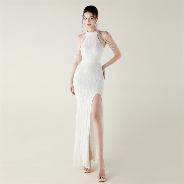 Off-the-Shoulder Halter Gown with All-Over Sequin & Beadwork