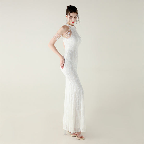 Off-the-Shoulder Halter Gown with All-Over Sequin & Beadwork