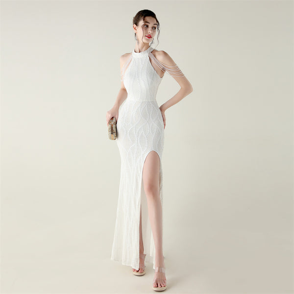 Off-the-Shoulder Halter Gown with All-Over Sequin & Beadwork