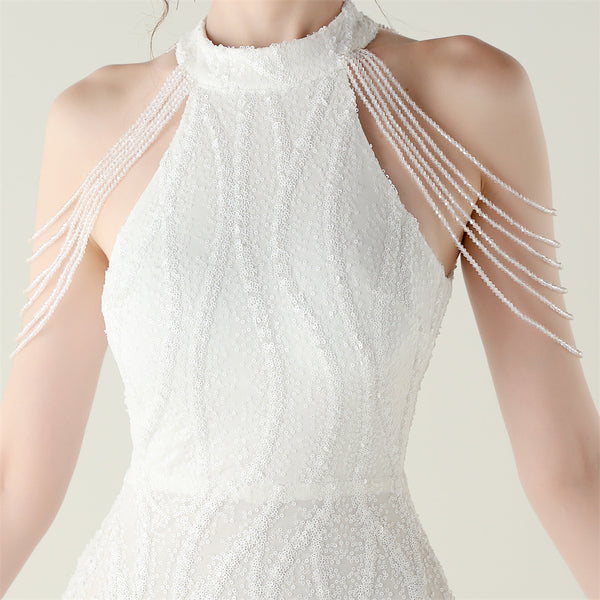 Off-the-Shoulder Halter Gown with All-Over Sequin & Beadwork