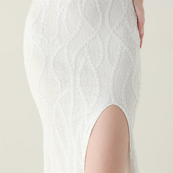 Off-the-Shoulder Halter Gown with All-Over Sequin & Beadwork