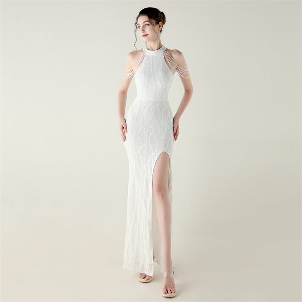 Off-the-Shoulder Halter Gown with All-Over Sequin & Beadwork