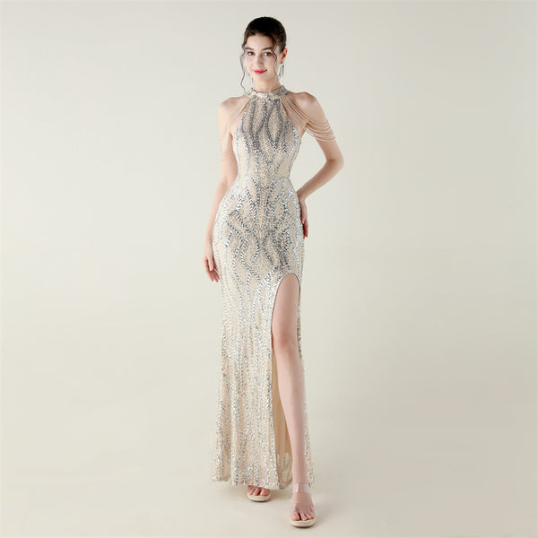 Off-the-Shoulder Halter Gown with All-Over Sequin & Beadwork