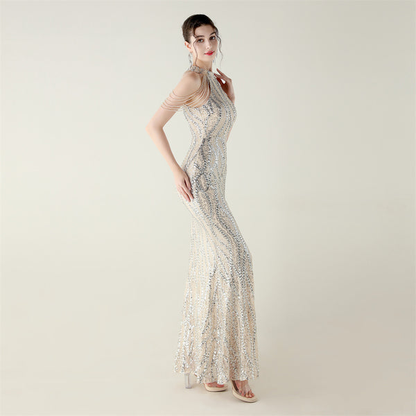 Off-the-Shoulder Halter Gown with All-Over Sequin & Beadwork