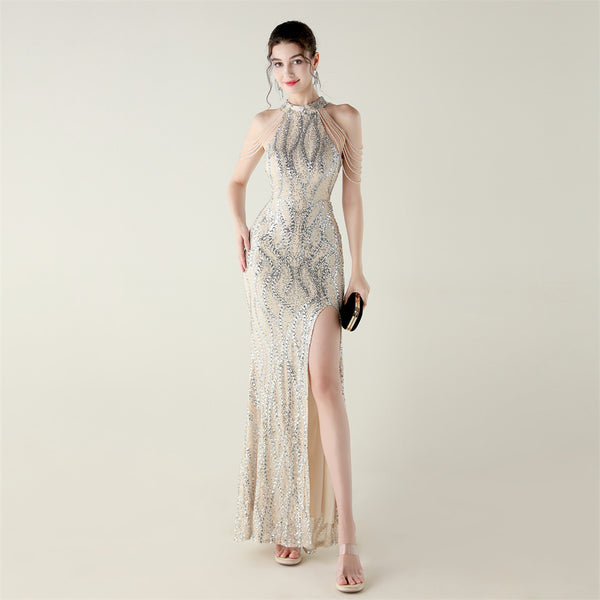 Off-the-Shoulder Halter Gown with All-Over Sequin & Beadwork