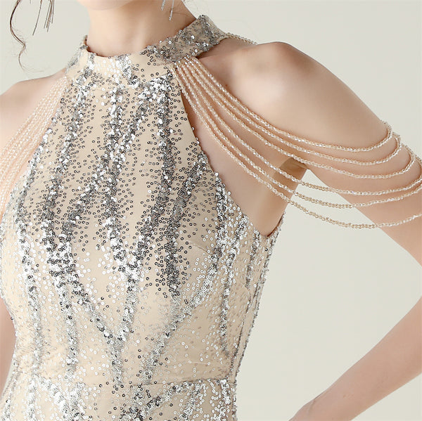 Off-the-Shoulder Halter Gown with All-Over Sequin & Beadwork