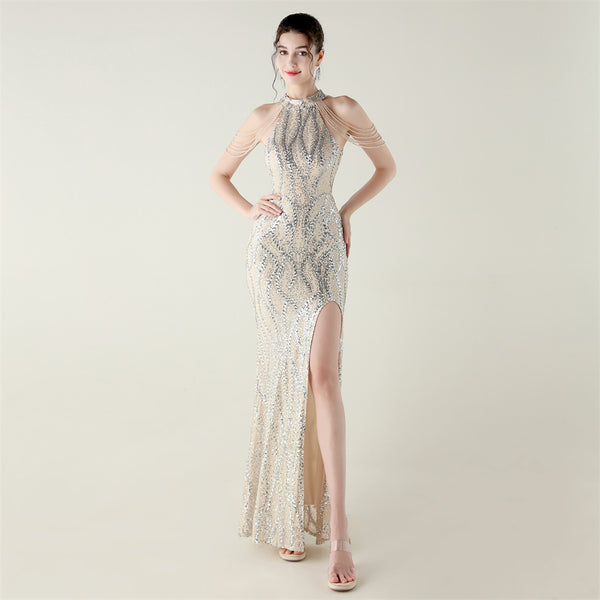 Off-the-Shoulder Halter Gown with All-Over Sequin & Beadwork