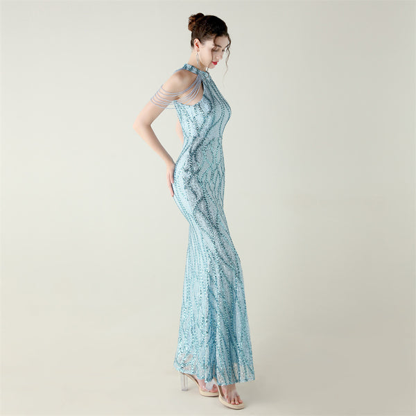 Off-the-Shoulder Halter Gown with All-Over Sequin & Beadwork