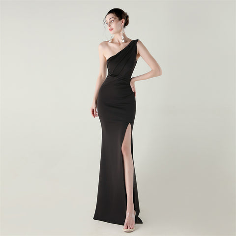 One-Shoulder Satin Mermaid Gown with Pleating & High Slit
