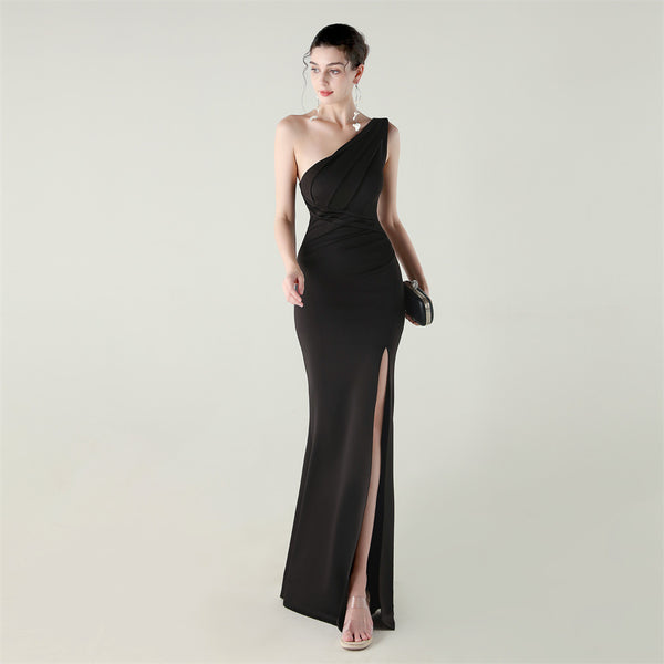 One-Shoulder Satin Mermaid Gown with Pleating & High Slit