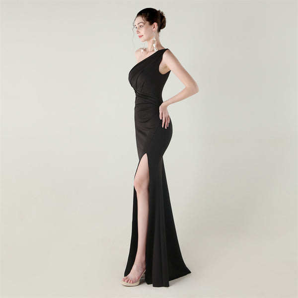 One-Shoulder Satin Mermaid Gown with Pleating & High Slit