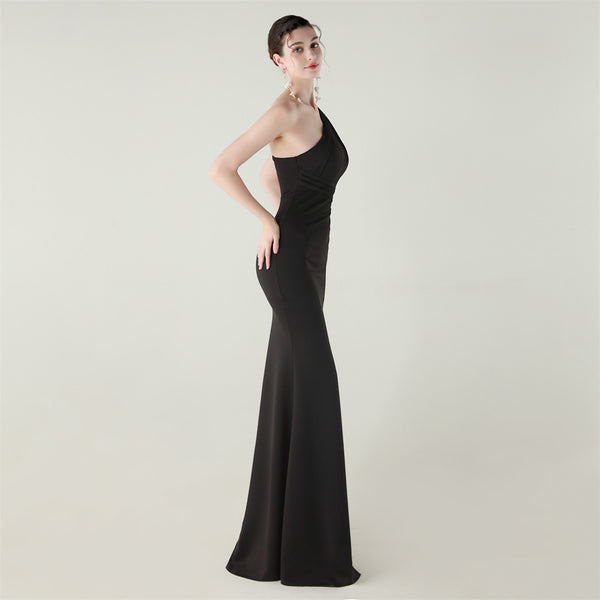 One-Shoulder Satin Mermaid Gown with Pleating & High Slit