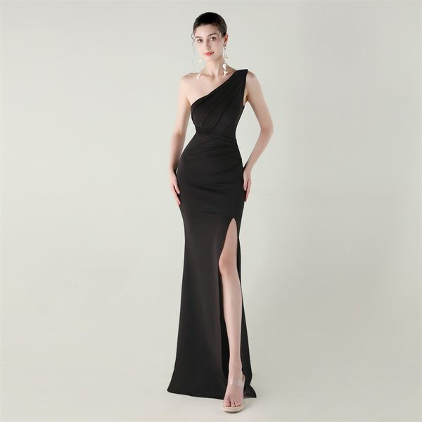 One-Shoulder Satin Mermaid Gown with Pleating & High Slit