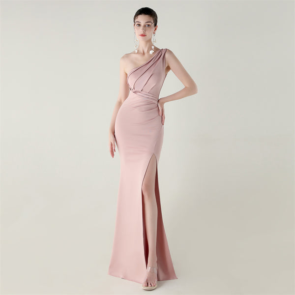 One-Shoulder Satin Mermaid Gown with Pleating & High Slit