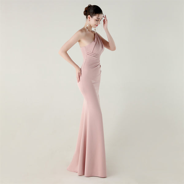 One-Shoulder Satin Mermaid Gown with Pleating & High Slit