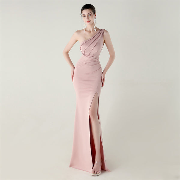 One-Shoulder Satin Mermaid Gown with Pleating & High Slit