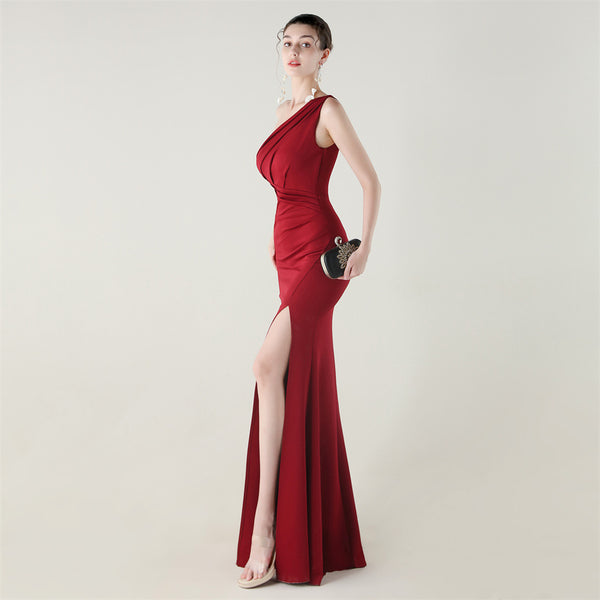 One-Shoulder Satin Mermaid Gown with Pleating & High Slit