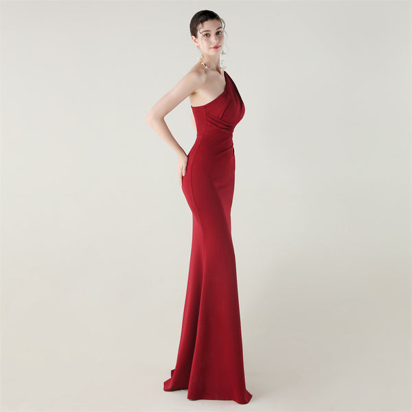 One-Shoulder Satin Mermaid Gown with Pleating & High Slit