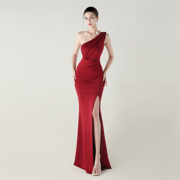 One-Shoulder Satin Mermaid Gown with Pleating & High Slit