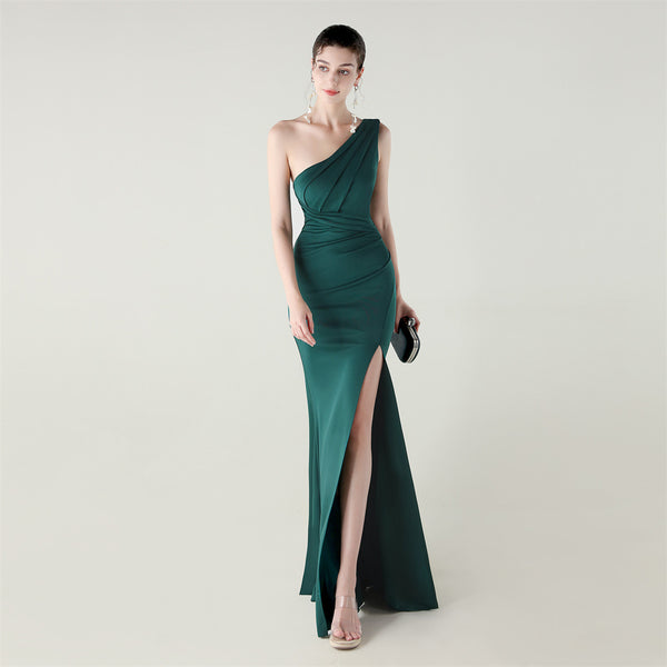 One-Shoulder Satin Mermaid Gown with Pleating & High Slit