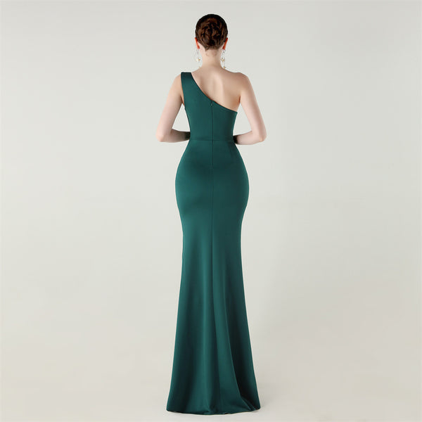One-Shoulder Satin Mermaid Gown with Pleating & High Slit