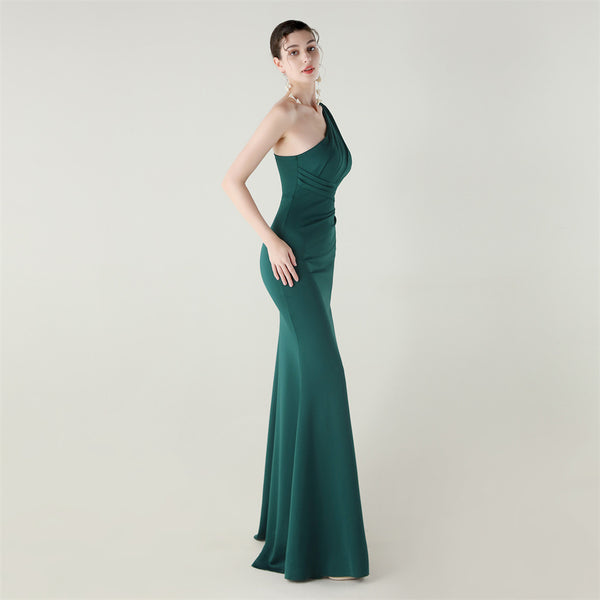 One-Shoulder Satin Mermaid Gown with Pleating & High Slit