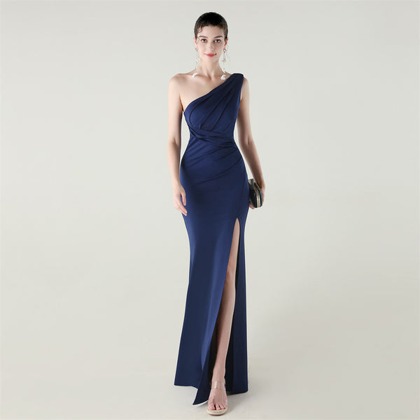 One-Shoulder Satin Mermaid Gown with Pleating & High Slit