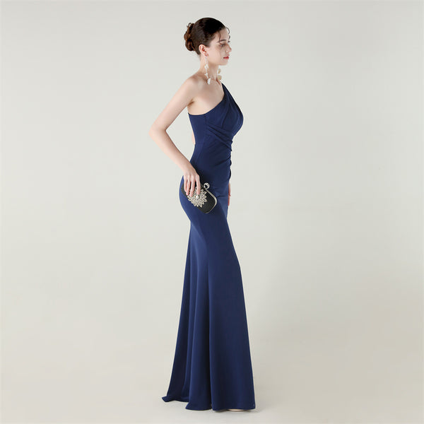 One-Shoulder Satin Mermaid Gown with Pleating & High Slit