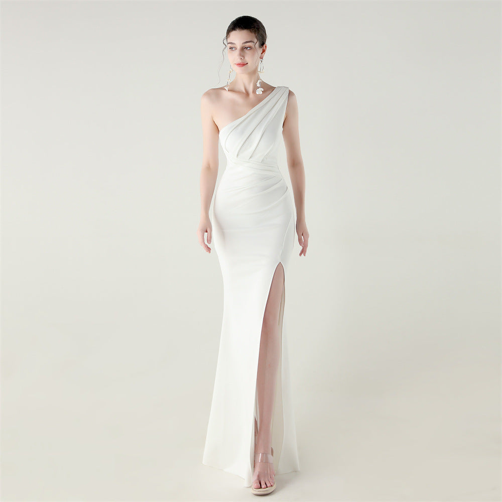 One-Shoulder Satin Mermaid Gown with Pleating & High Slit