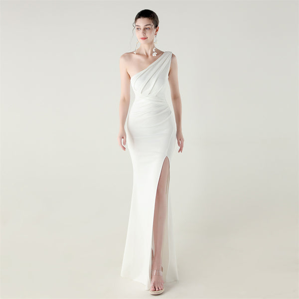 One-Shoulder Satin Mermaid Gown with Pleating & High Slit