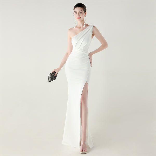 One-Shoulder Satin Mermaid Gown with Pleating & High Slit
