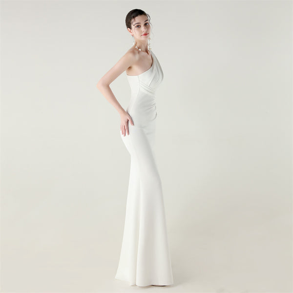 One-Shoulder Satin Mermaid Gown with Pleating & High Slit