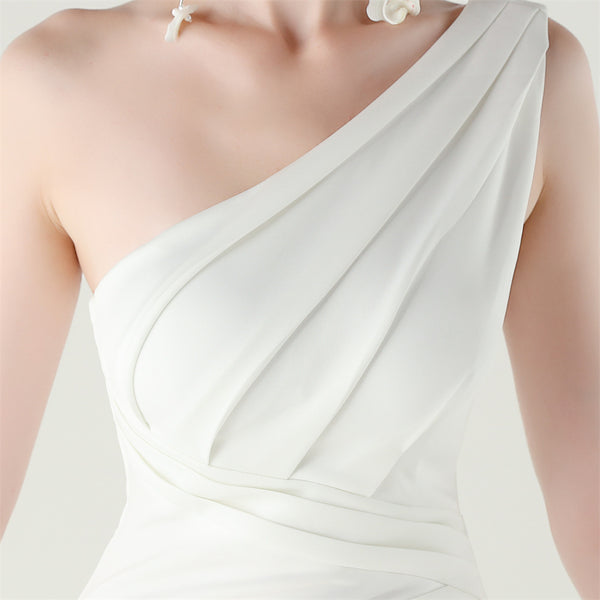 One-Shoulder Satin Mermaid Gown with Pleating & High Slit