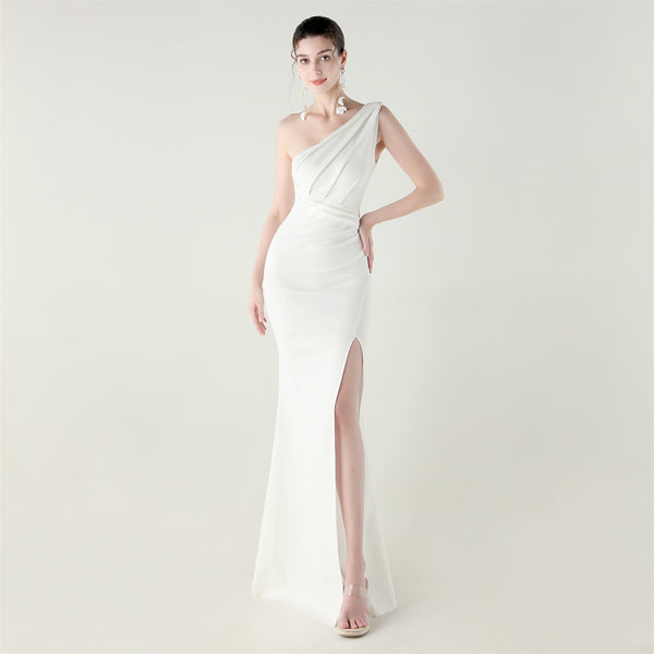 One-Shoulder Satin Mermaid Gown with Pleating & High Slit