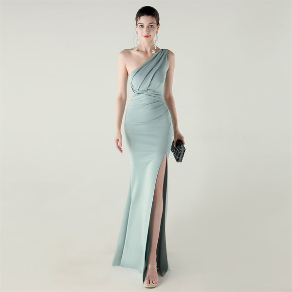 One-Shoulder Satin Mermaid Gown with Pleating & High Slit