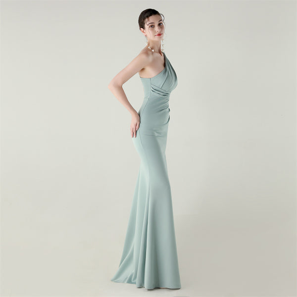 One-Shoulder Satin Mermaid Gown with Pleating & High Slit